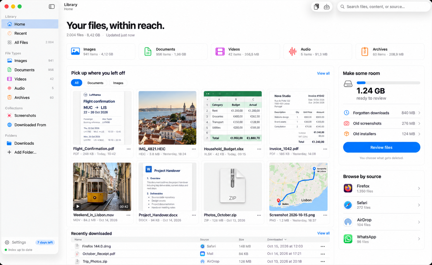 FileShelf Home: images, documents, videos, audio and archives with sizes; recent files as big previews — a flight confirmation, a Lisbon photo, a budget sheet, an invoice, a video; 1.24 GB to free up; downloads grouped by Firefox, Safari, AirDrop and WhatsApp
